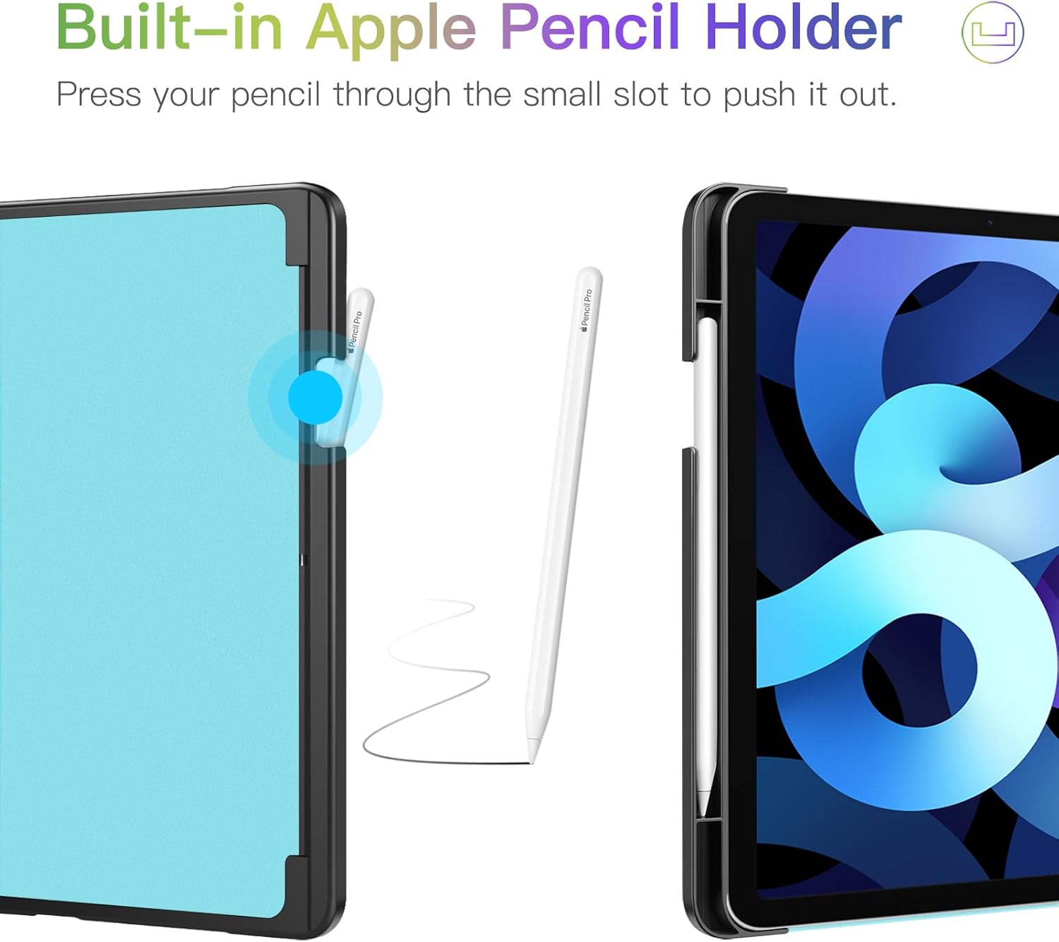 FINTIE iPad Air case with a large pocket on the front cover, shown with money and cards inserted.