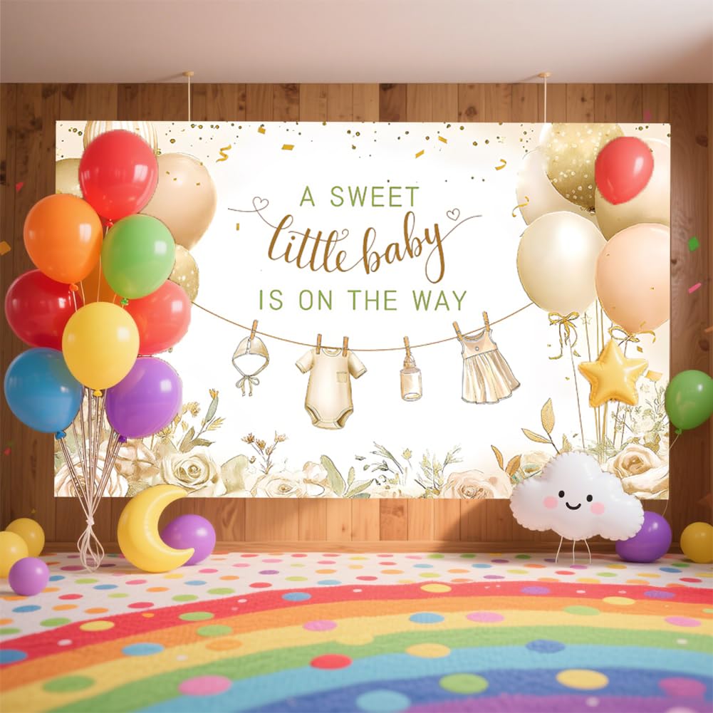 CRAFTYMELODY Baby Shower Banner 72×44 Inch A Sweet Little Baby Is On The Way Banner Gold Backdrop Indoor Outdoor with Grommets 3.2 Yard String for Party Decoration Background Supplies - Image 4