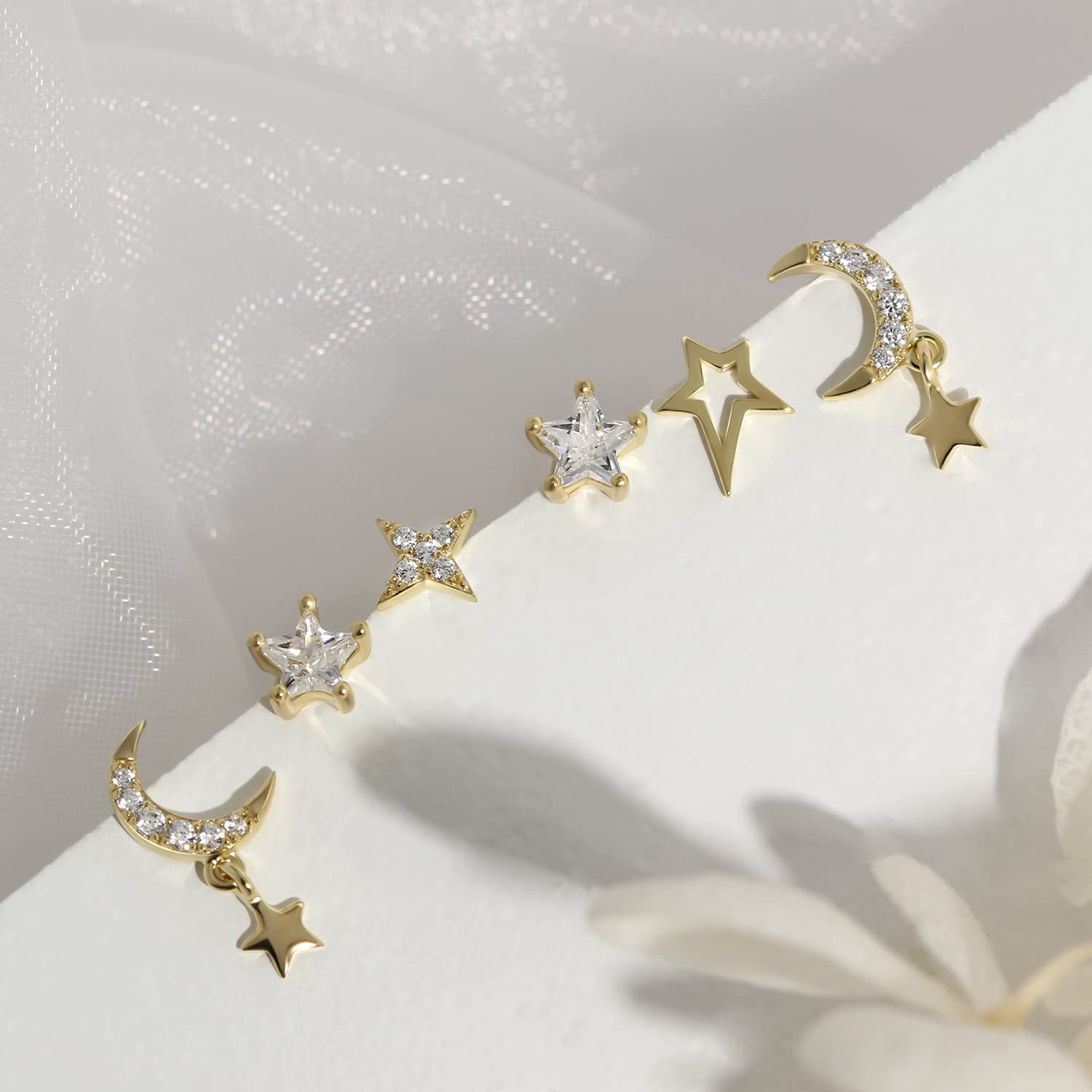 Set di orecchini a forma di stella lunare in argento 925 Orecchini minimalisti e delicati Perfetti per piercing multipli, Argento
