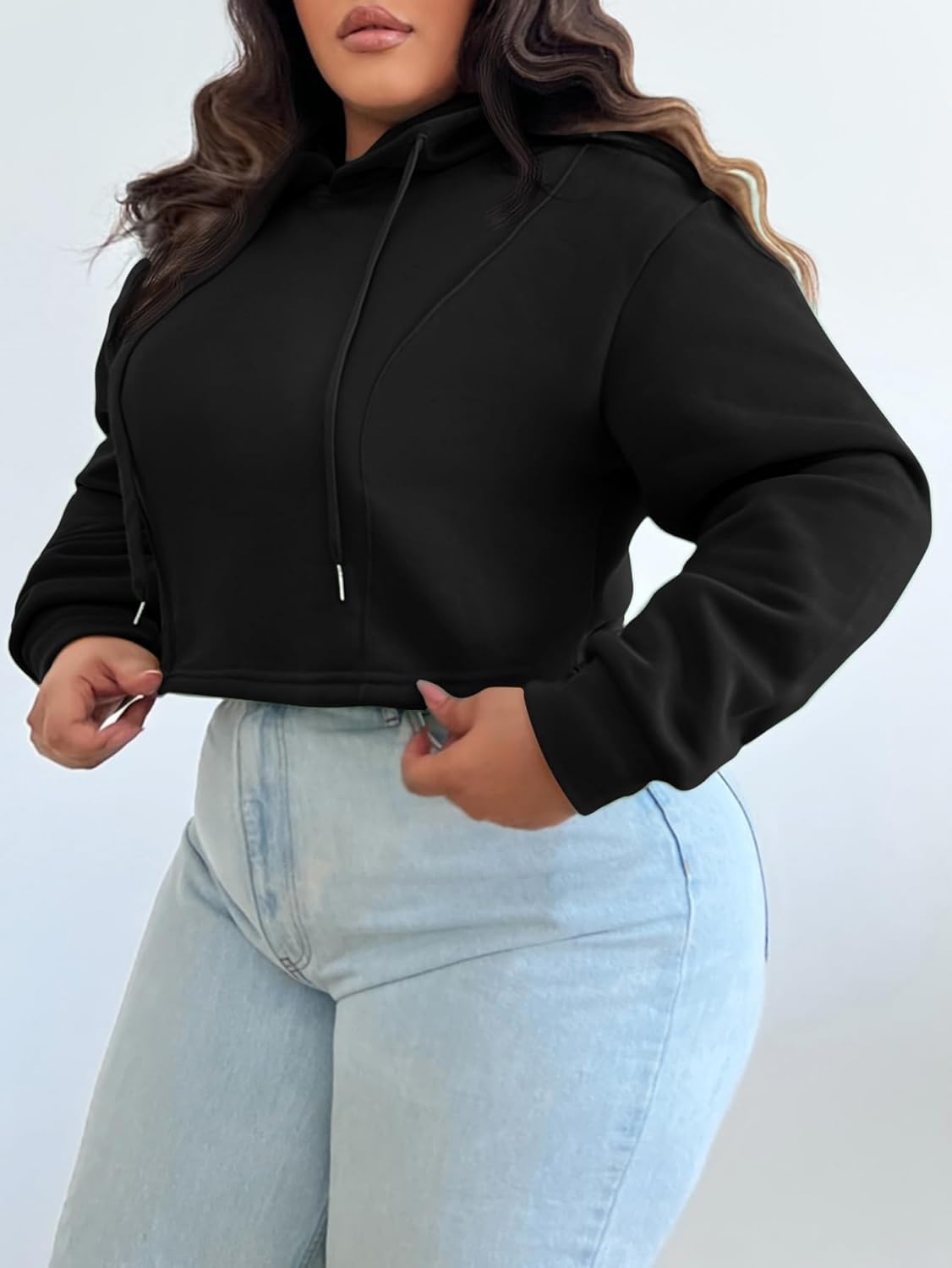 Floerns Women's Plus Size Drawstring Cropped Hoodies Long Sleeve Drop Shoulder Pullover Sweatshirts - Image 3