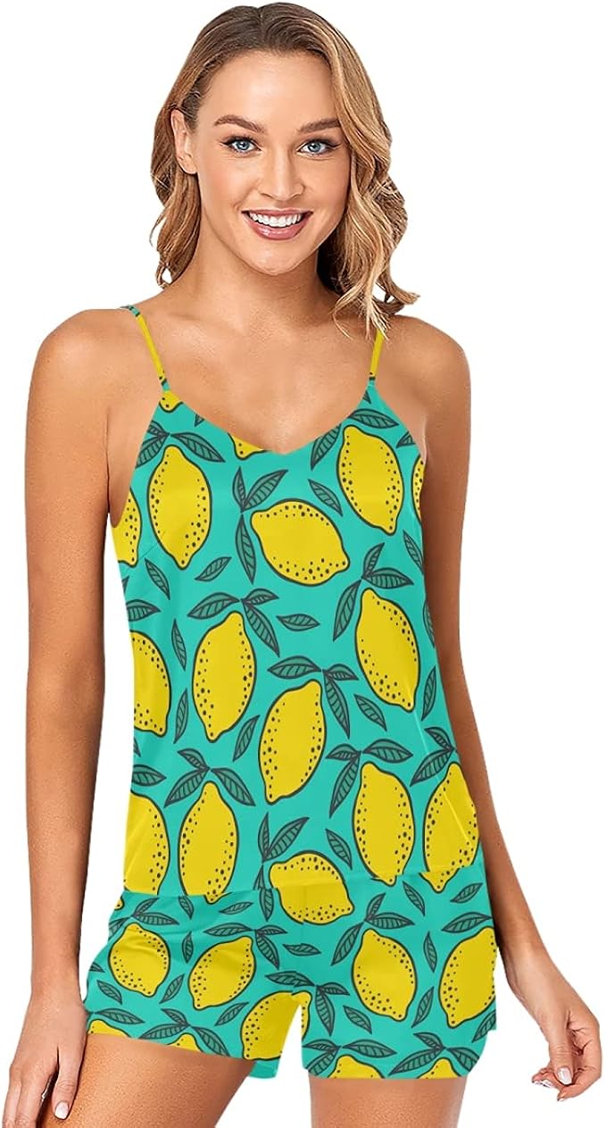 Lemon Pajamas Set Sexy Sleepwear Womens Silk Lingerie 2 Piece Satin Cami Shorts Set Fruit S 