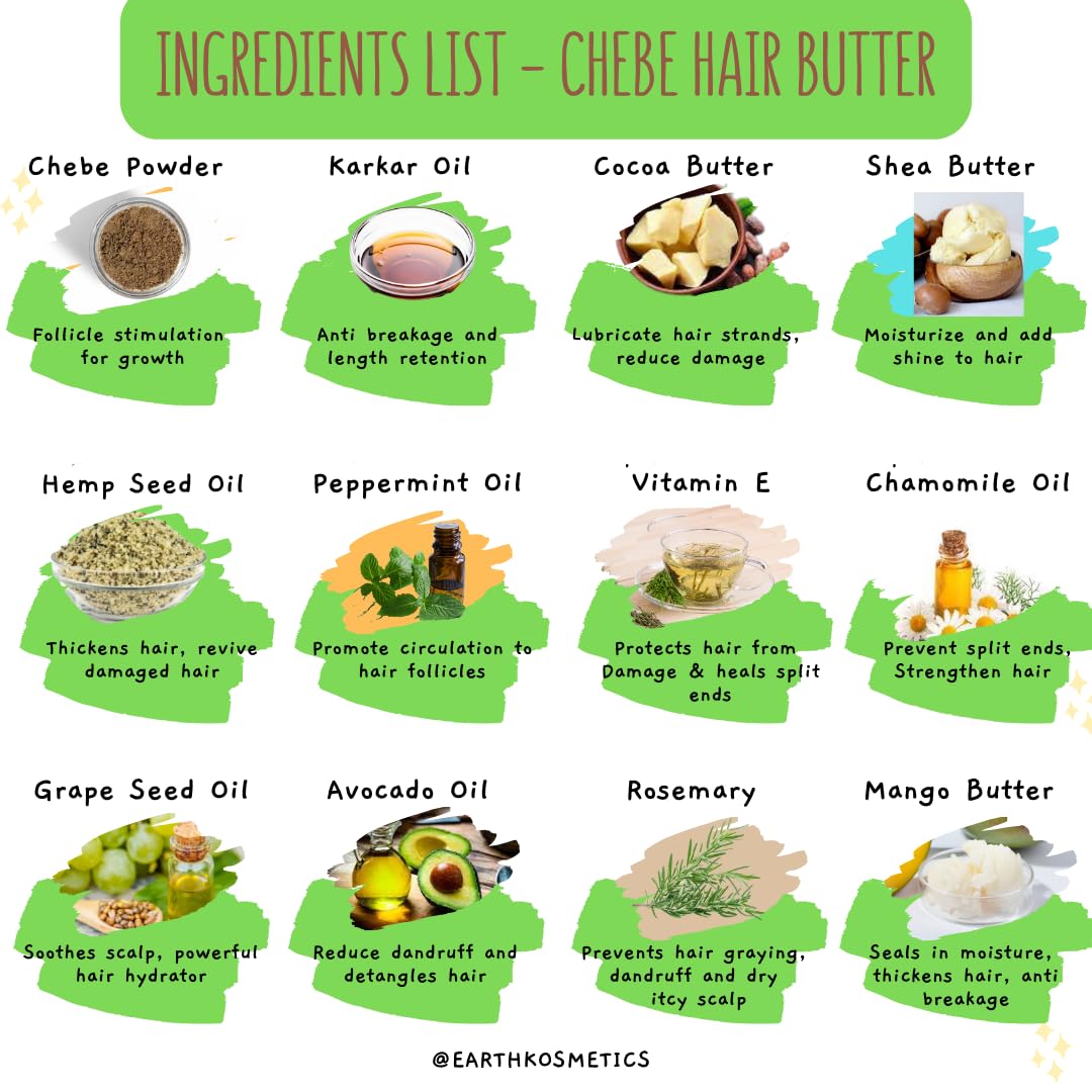 Chebe Butter contains Authentic Chebe Powder, Karkar Oil, Raw Butters, Herbs and Oils. Hair Breakage Solution that Softens, Strengthens, Deeply Conditions and Stimulates healthy Hair Growth, 6.05 oz