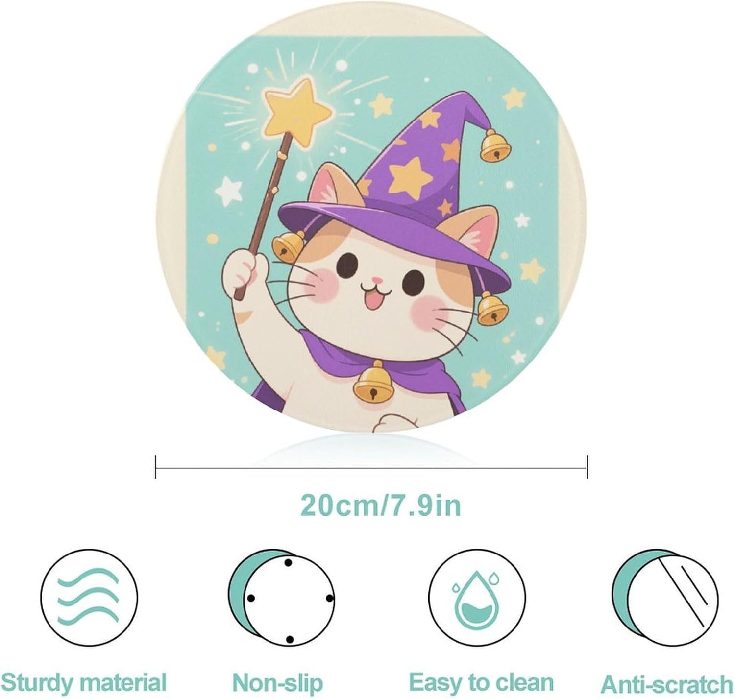 Magic Hat Cat Tempered Glass Cutting Board Sturdy Chopping Block Personalized Large Butcher Block Lightweight Round Chopping Mat for Kitchen Non Slip
