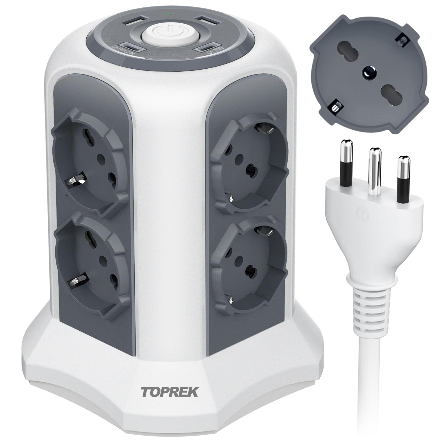 TOPREK Regleta Vertical con 8 Tomas Universales ITA 10/16A y Schuko y 2 USB C y 2 USB A (USB-C1 20W PD3.0 Carga Rápida), 4000W/16A, Regleta con Interruptor, Cable de 2M, Enchufe 16A, Oscuro Gris | 2 tipo C (20 W PD3.0 carga rápida) y 2 tipo A y 8 universa