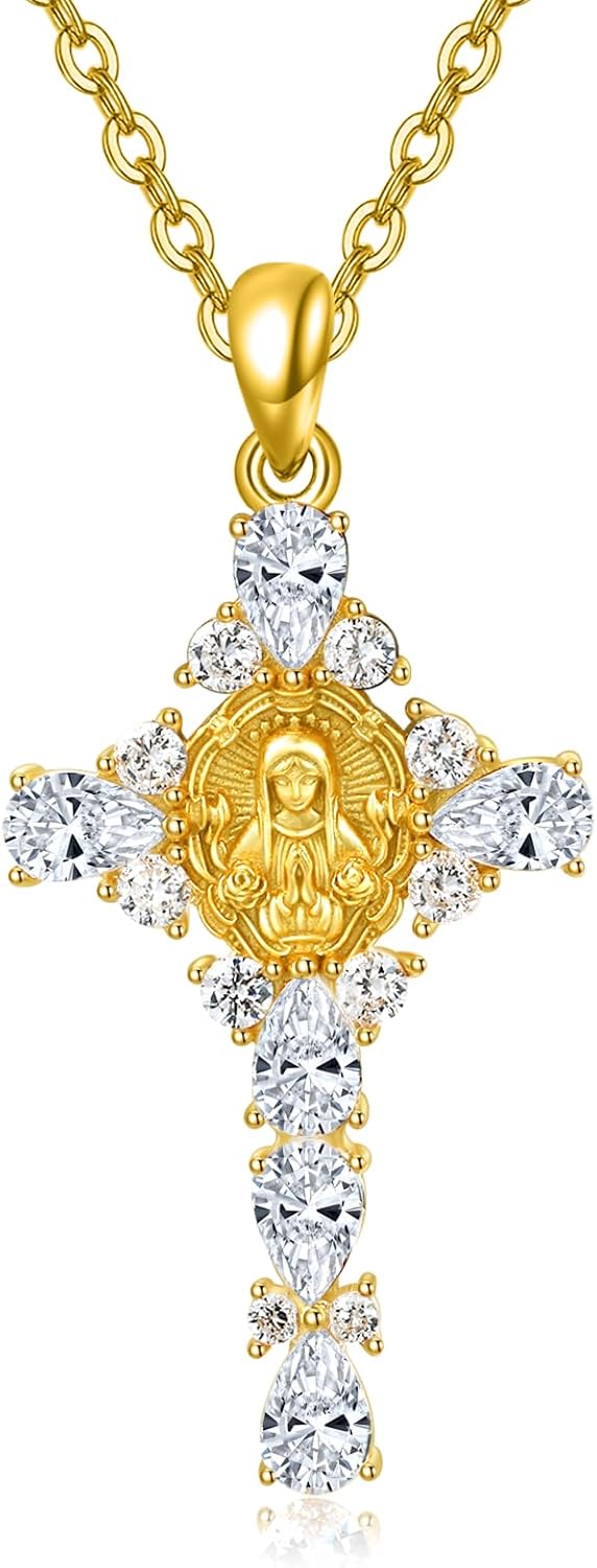 14K Gold Plated Virgin Mary Necklace Cross Necklace for Women Christmas Jewelry Wedding Anniversary Birthday Gifts for Wife Her Mom