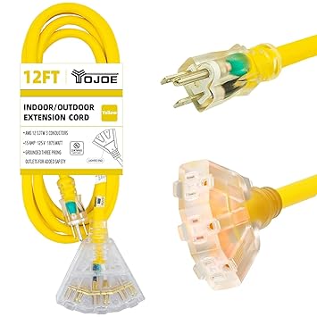 YOJOE - Yellow 12ft extension cord, 12/3 outdoor lighted cord with 3 outlets, 12 gauge 3 prong SJTW extension cord with 3 prong ground plug