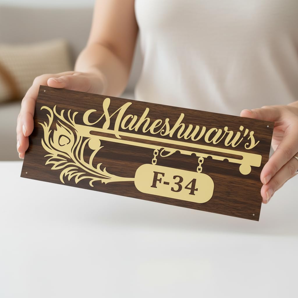 Personalised Home Door Name Plate Acrylic Embossed Letters With Mirror Shine Wood Craft Golden Acrylic Morpankh With Flute Customized Home Name Plate (Gold, 16 * 8) — Amazon image 7