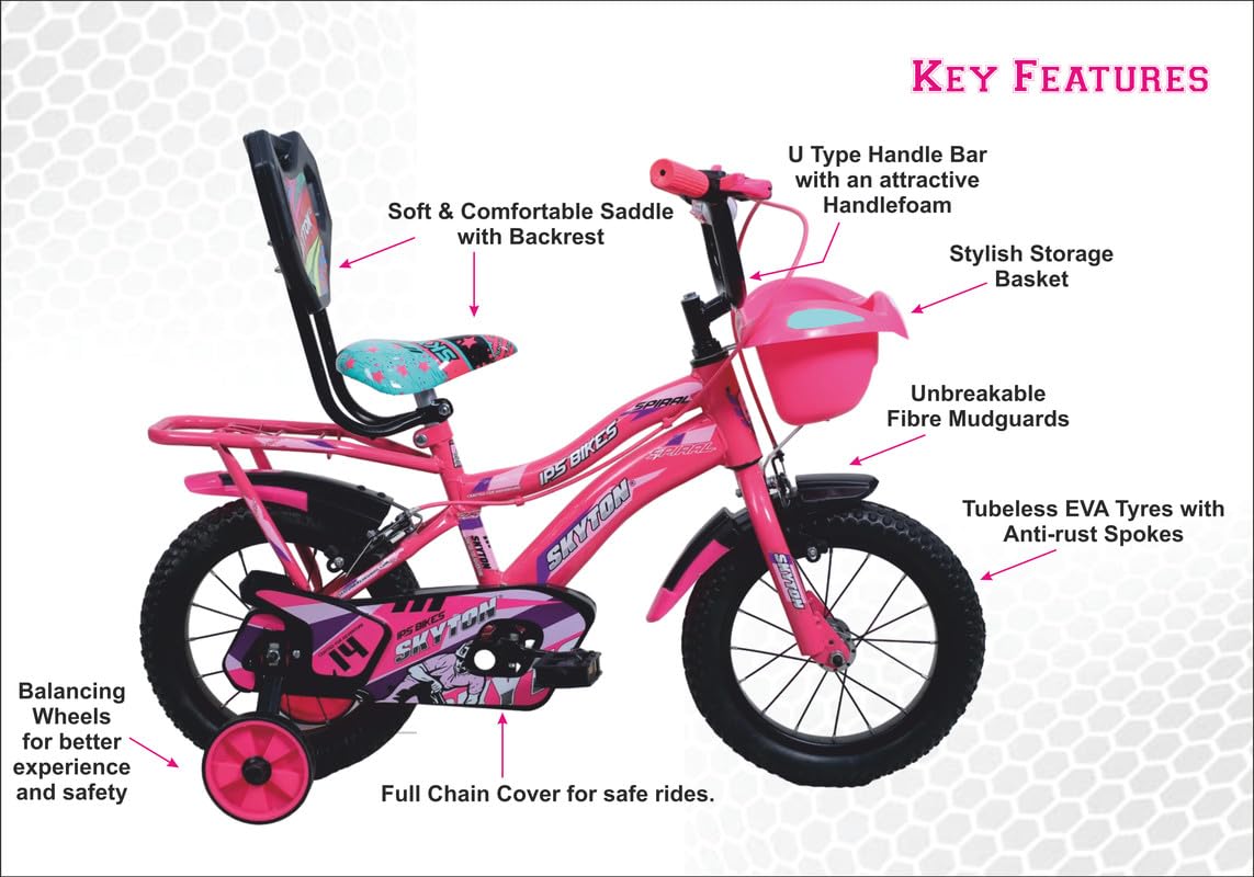 SKYTON Spiral 14 Inch Kids Cycle with Side Wheels Ideal for 2 to 5 Years Boys and Girls Bicycle for Children - Pink 1