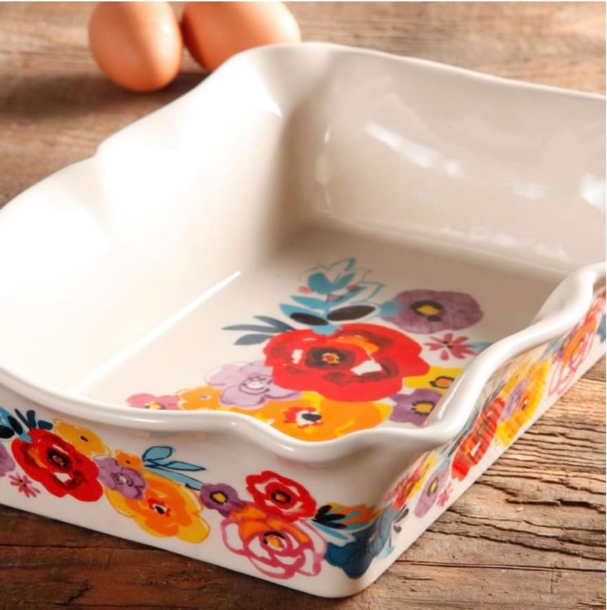 Pioneer Woman Flea market 2-Piece Rectangular Ruffle Top Ceramic Bakeware Set, Casserolla,Peach Cobbler,Apple Pie Dish.