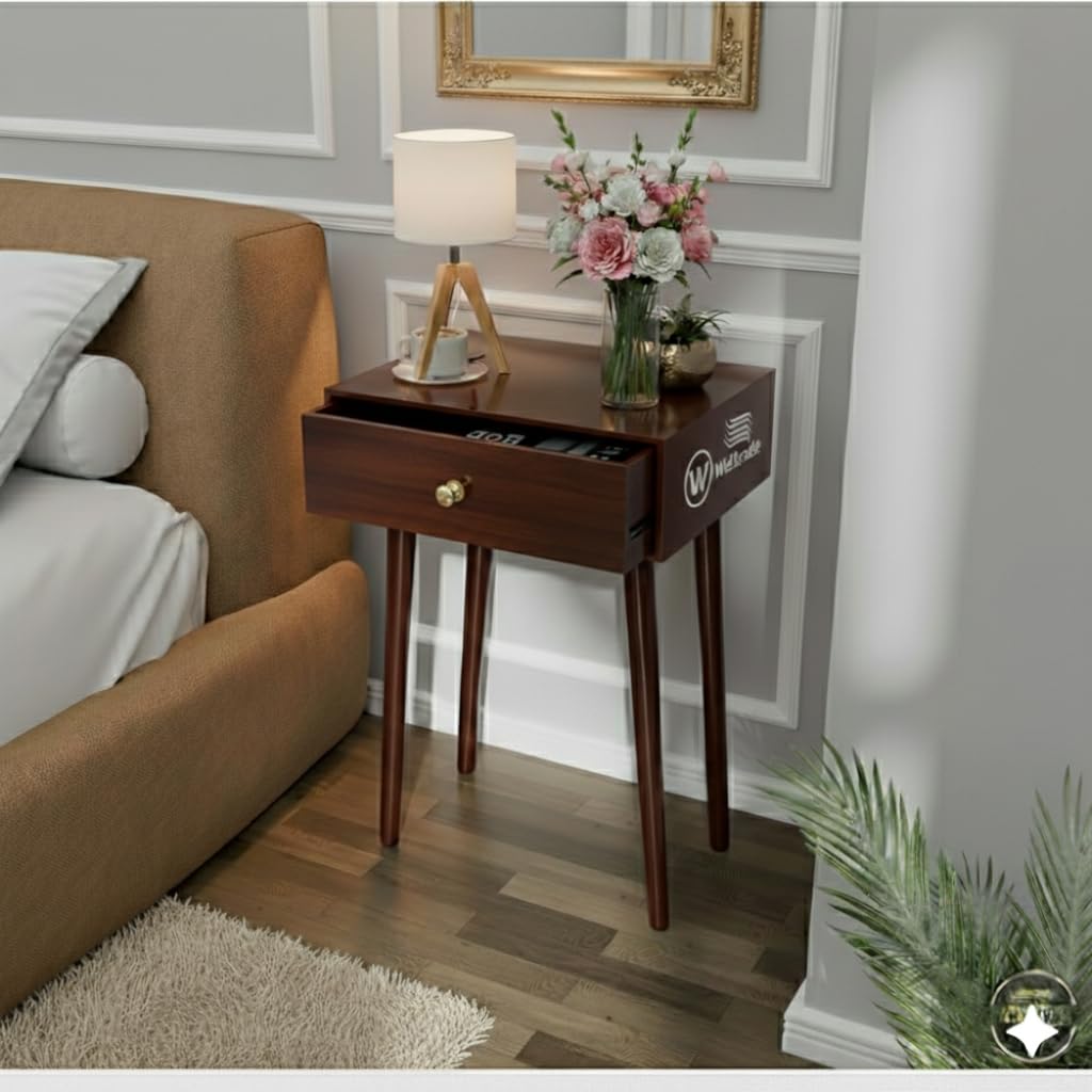 Welltrade Shoppee Wooden Antique 1- Drawer Wenge Brown Wood Side Table Accent End Table for Living Room Solid Wood Leg Classic Bedside Table Nightstand for Bedroom-image-21