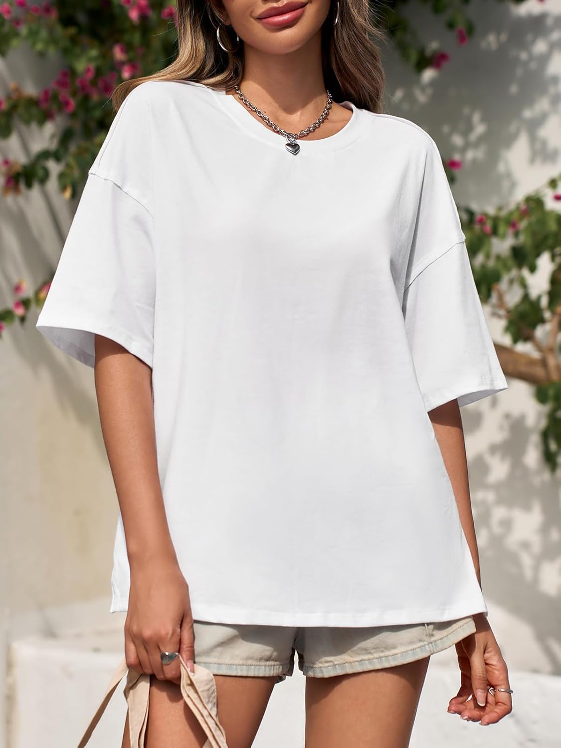 Tankaneo Womens Oversized Tshirts Summer Casual Short Sleeve Crew Neck T Shirt Loose Fit Side Slit Tee Tops - Image 2