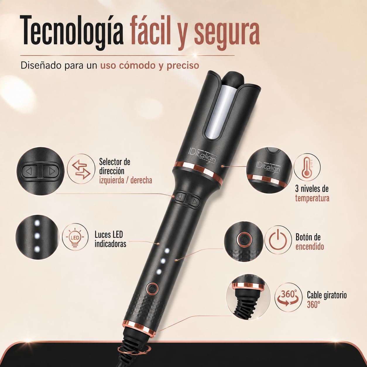 Rizador de Pelo Automatico My Tulip ID Italian Design - Automatic Hair Curler con 3 Temperaturas (160ºC / 190ºC / 220ºC) para Todo Tipo de Cabellos - Modelador de Cabello Profesional