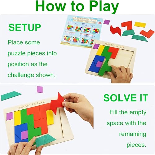 Miniatura 4 de Ronnorr 2 Pack Wooden Puzzle Blocks Geometric Tangram + Russian Blocks Puzzle for Kids & Adults, Intelligence Brain Teasers Toy Wooden Puzzle for