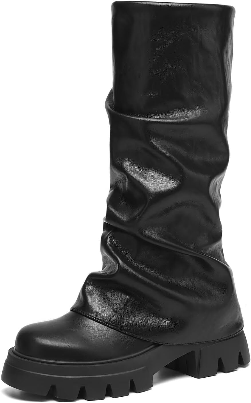 Womens Mid-Calf Boots Fold Over Round Toe Chunky Sole Comfortable Fashionable Footwear for Everyday Wear Stylish Fall and Winter Boots