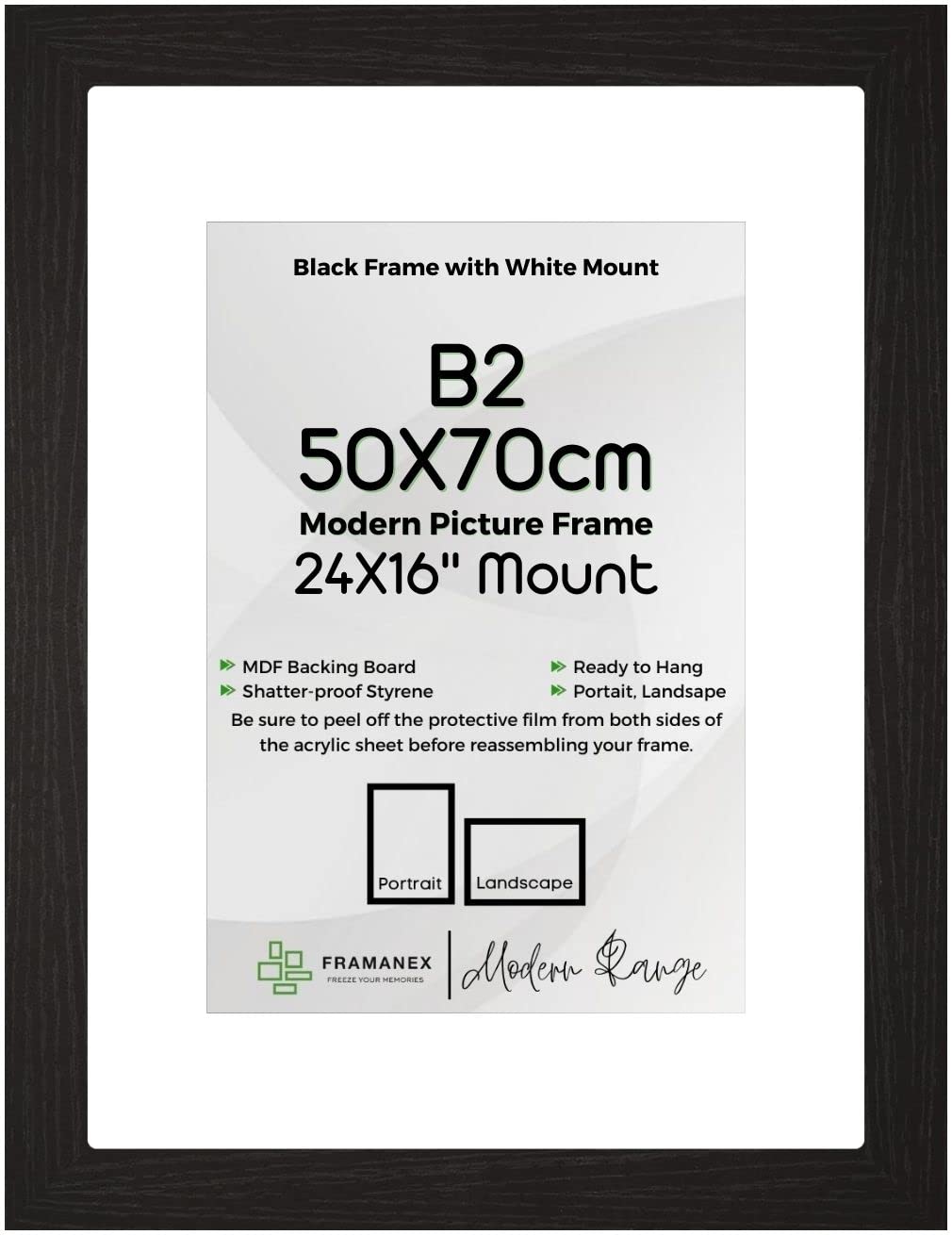 Framanex Black Large B2 Picture Poster Frame Size 19.69 X 27.56 Inch, 50 X 70Cm, 500 X 700Mm With White Mount To Fit Image Print Size 24 X 16 Inches, 60 X 40Cm, 600 X 400Mm [ B2 Frame]