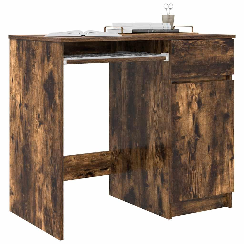 Scrivania in legno di rovere affumicato, con cassetto e mensola, 86 x 49 x 76 cm, per PC, laptop, ufficio, postazione di lavoro, casa, ufficio, spazio per tastiera, monitor da gioco