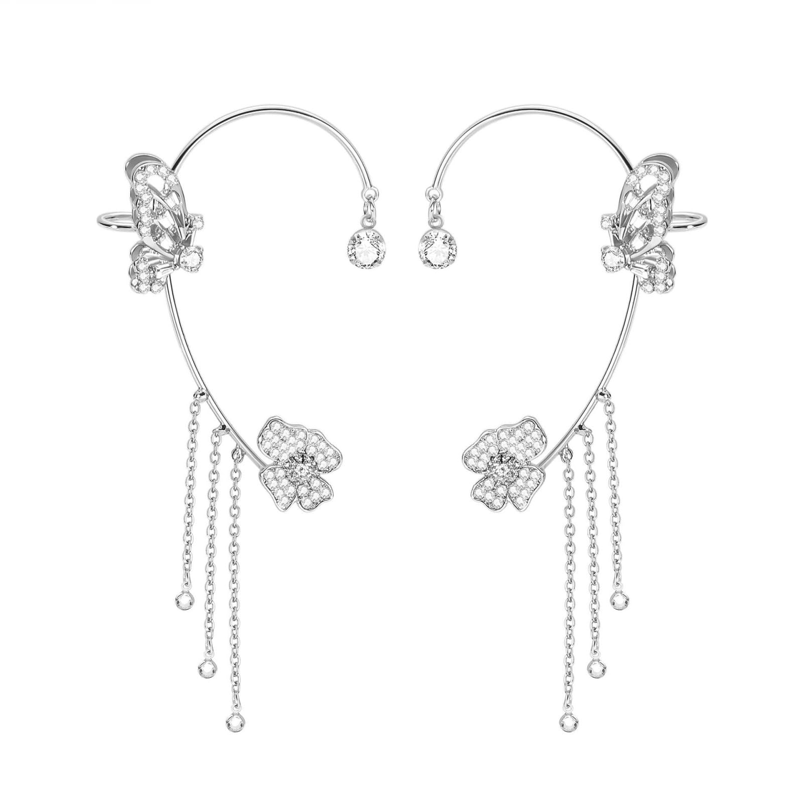 2Pcs Rhinestone Butterfly Ear Cuff for Women,Dainty Non Piercing Flower Butterfly Tassel Earrings Ear Clips Bridal Wedding Boho Fairy Jewelry