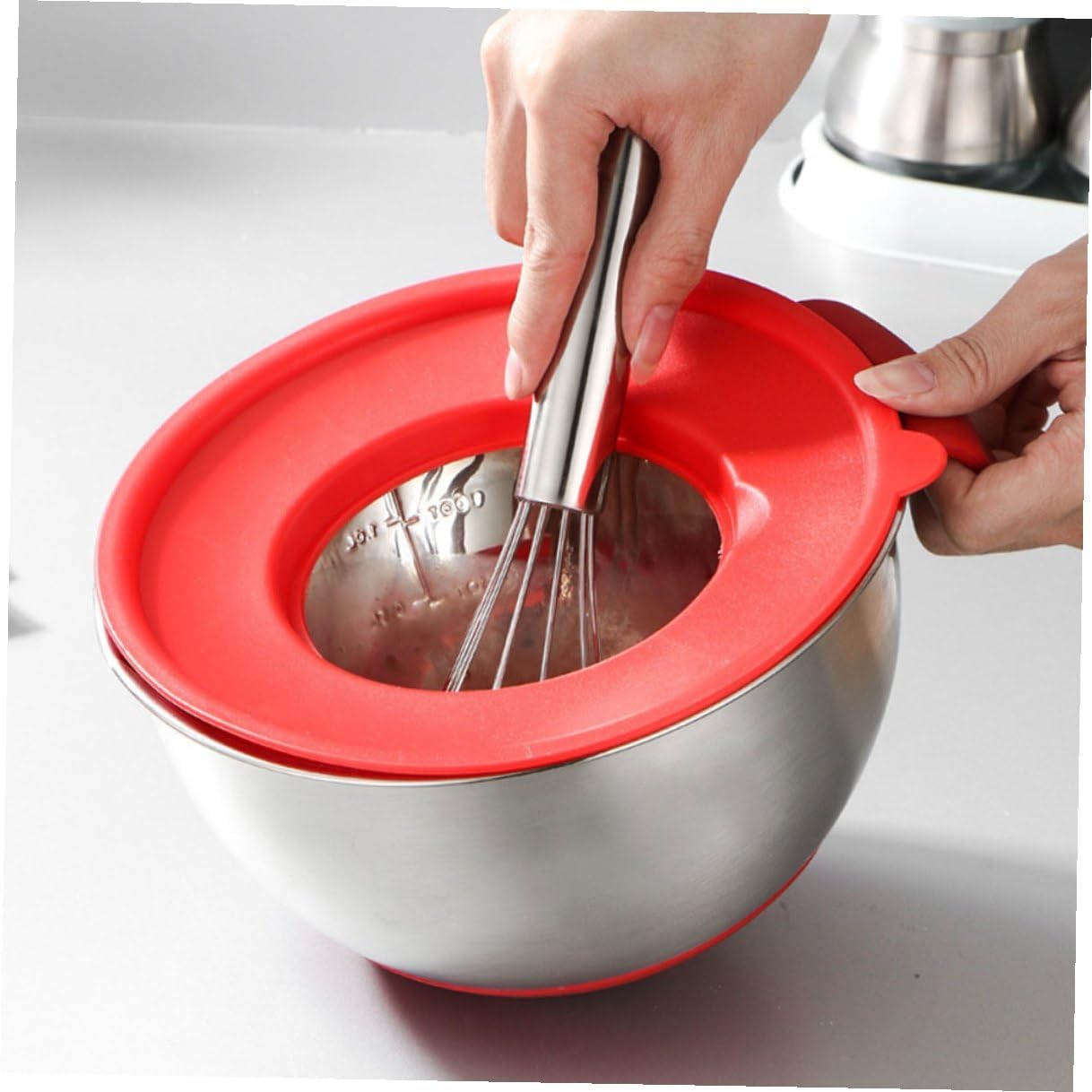 Lurrose Stainless Steel Mixing Bowls Set with Silicone Non-slip Base and Red Handles, Multi-function Salad and Dough Bowls 18cm 20cm with 2 Lettered Lids and 3 Graters for Kitchen Food