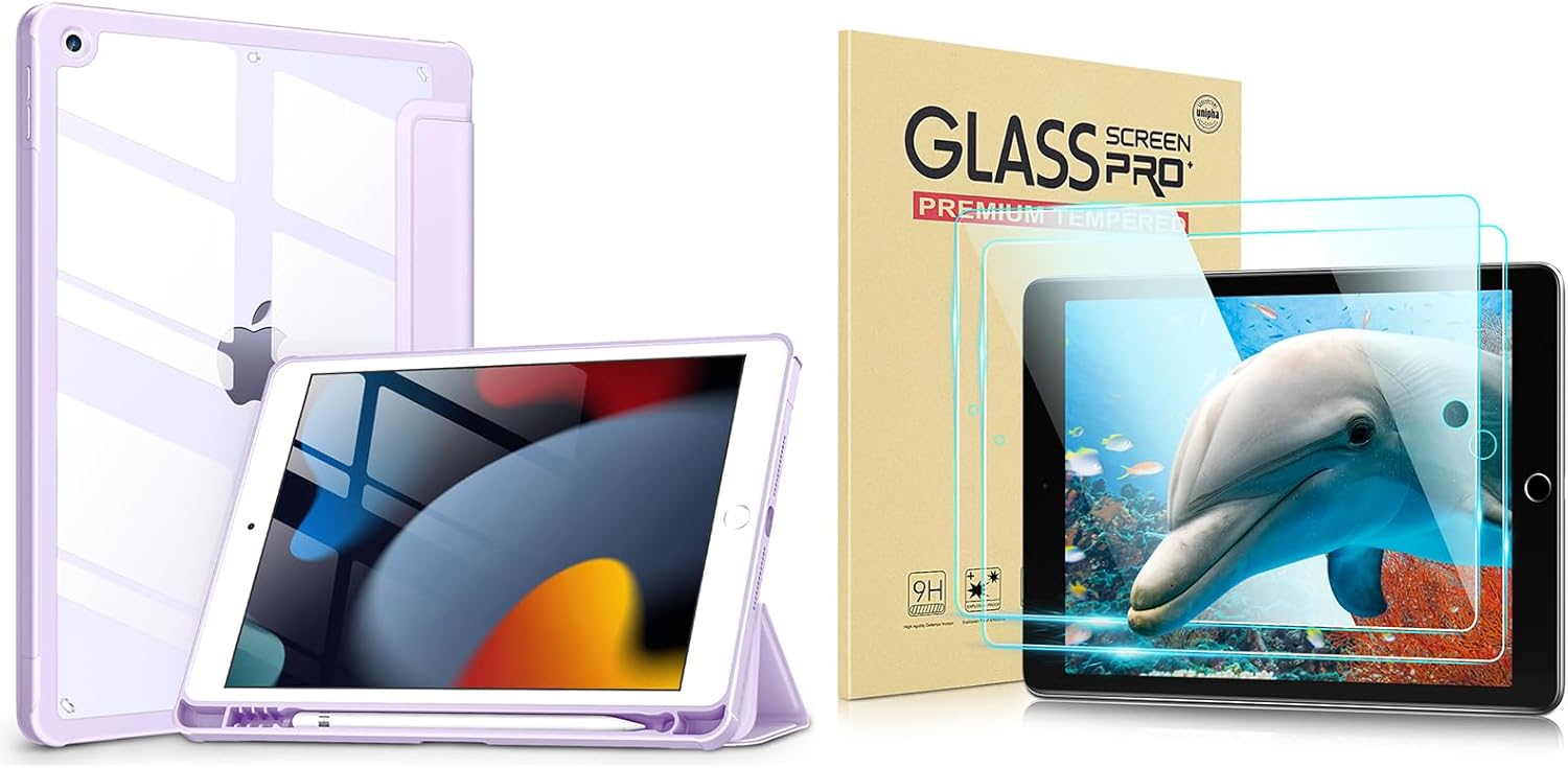iPad 10.2 Inch Clear Light Purple Case and 2 PC Tempered Glass