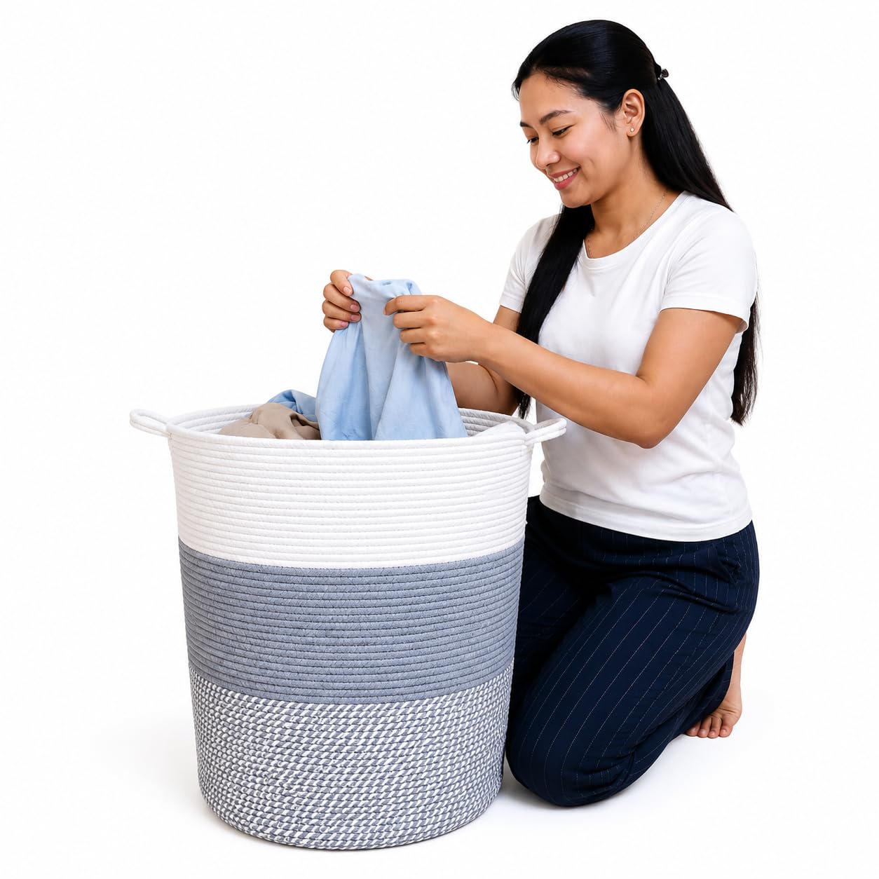 Large Round Jute Cotton Rope Laundry Basket with Handles | 13 x 17 x 15 Inches Tall Clothes Hamper for Bathroom, Bedroom, Kids Room & Storage | Handwoven Organizer (Grey White Mix)-image-30