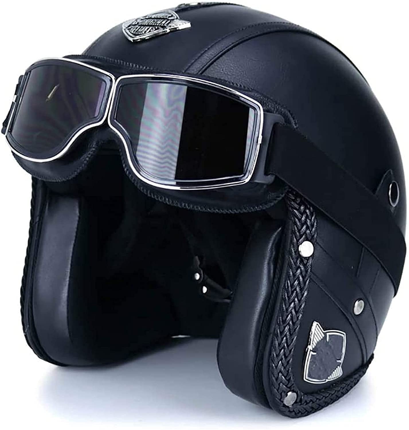 Retro lederen motorhelmhelm Duitse stijl retro halve helm met pilotenbril, bromfiets scooter cruiser chopper ATV schedelkap helm ECE goedgekeurd voor Retro lederen motorhelmhelm Duitse stijl retro halve helm met pilotenbril, bromfiets scooter cruiser chopper ATV schedelkap helm ECE goedgekeurd voor