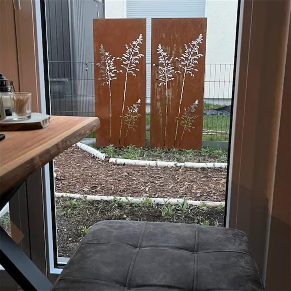 2Pcs Rustic Grasses Garden Privacy Screen Wall - Patina Metal Columns for Landscape Design & Patio Decor