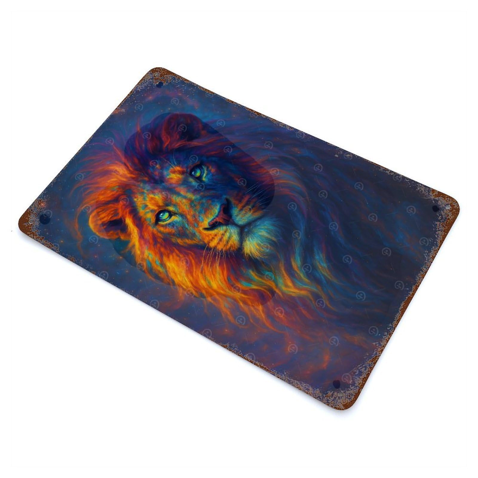 Rust Effect Colorful Lion Portrait Aged Metal Wall Plaque 11.8"x7.9", Shabby Chic Decor for Basement, Hobby Room And Garage Decor