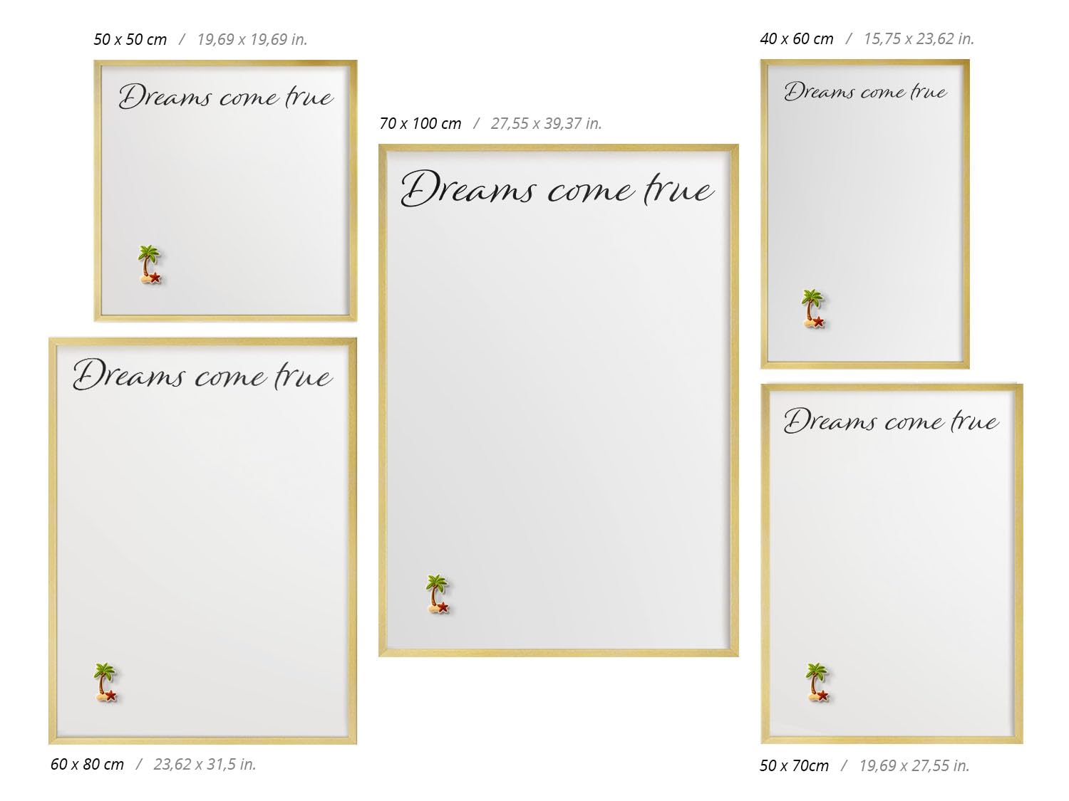 Organizador de Pared 70x100 cm | con Marco Dorado | Dreams Come True | Montaje Fácil | Pizarra Magnética | Para Recuerdos de Viaje | Expositor de Imanes Turísticos y Fotos, Notas | Para Cocina