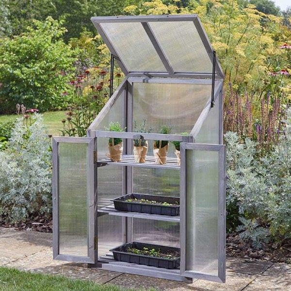 Mini Wooden Gro-Zone Garden Greenhouse with Twin Wall UV Resistant Glazing, 3 Shelves, Front Opening Doors & Lid - Germinate Seeds, Propagate Plants & Grow Exotic Fruit & Veg – H100 x W57 x D41cm