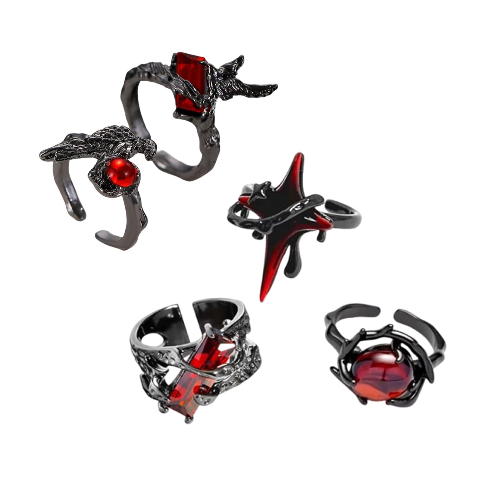 Gothic Jewellery Rings for Men, Punk Style Accessories for Music Festivals and Gothic Fashion, Set of 5 Irregular Ruby Open Rings in Alloy Material, Mens Ring Collection for Dark Aesthetic Enthusiasts-image-33