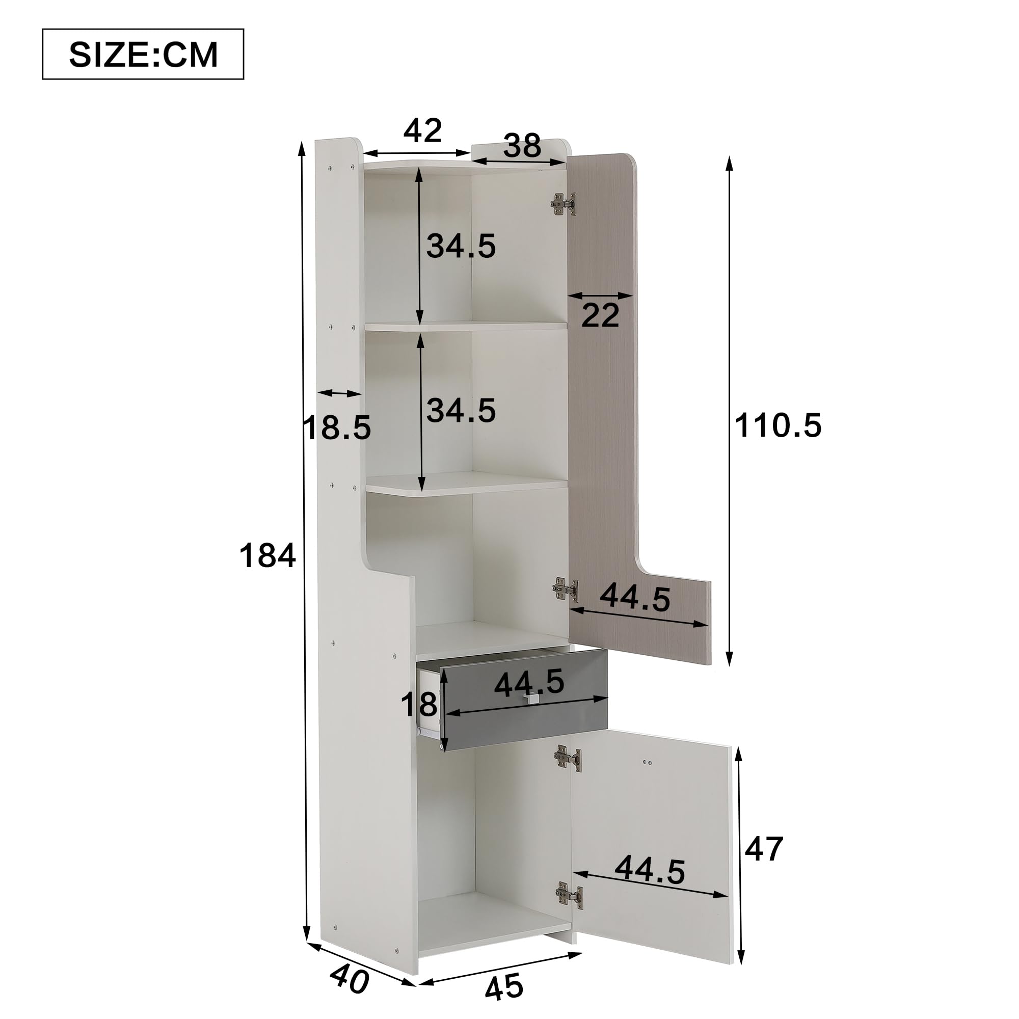 Idemon Libreria alta per adolescenti con porta a forma di L, con cassetto, porte con cerniere, con bottoni quadrati in metallo, MDF, bianco + olmo chiaro + grigio