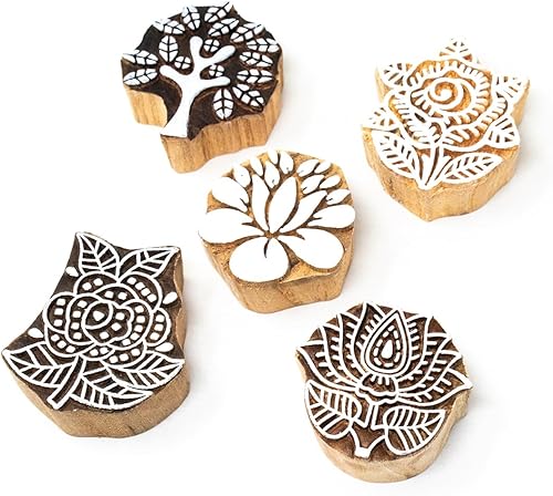 Boreder Design - Juego de 5 sellos de bloques de madera, bloques de impresión de textiles indios, sellos de madera para manualidades en tela,