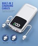 Banque de puissance du chargeur portable, 15000mAh Chargeur portable charge rapide léger, intégré AC Fiche murale et 2 Câbles de sortie avec LED Affichage pour iPhone Samsung iPad etc. (Blancs)