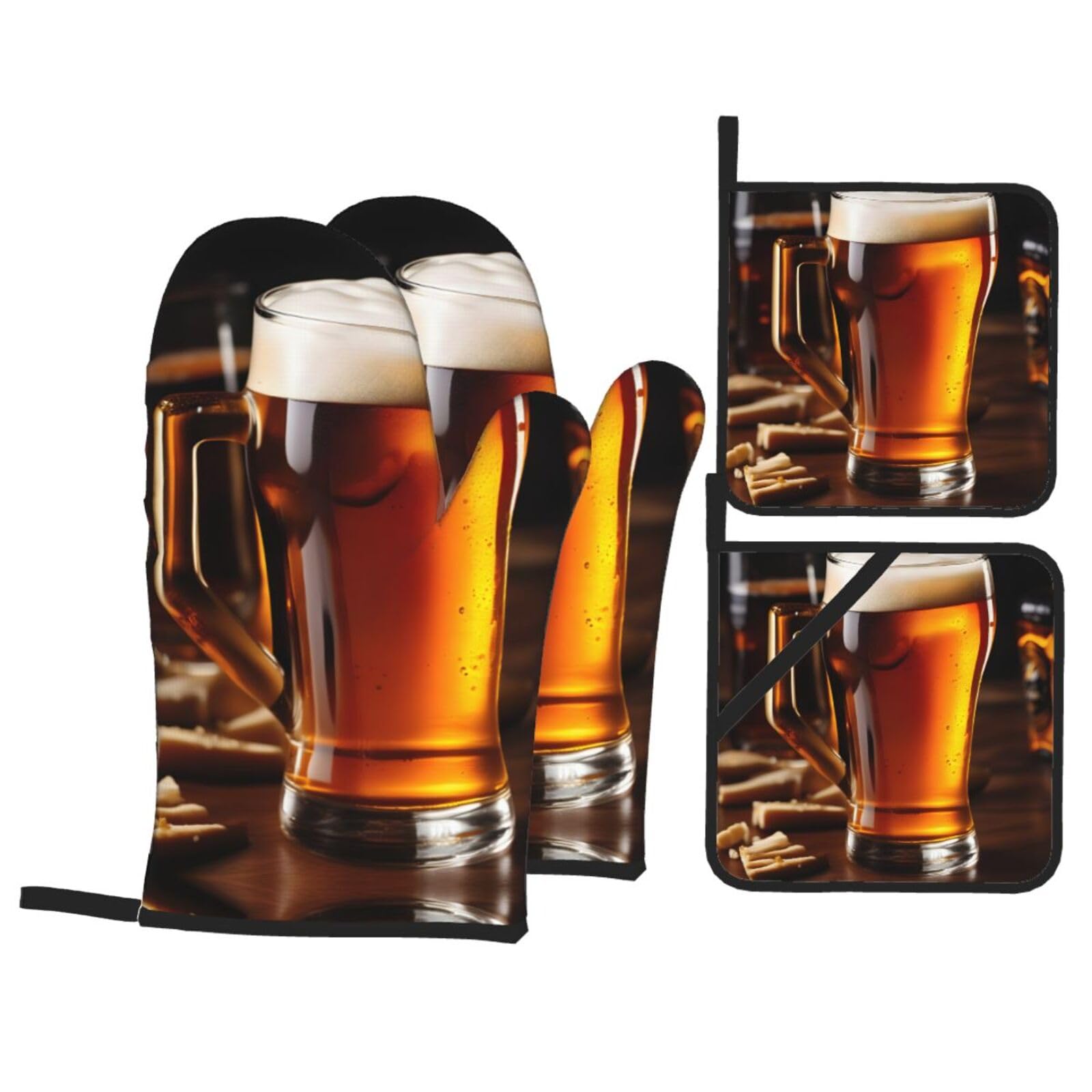 Beer Print Stylish 4-Piece Microwaving Oven Waterproof Kitchen Gloves Baking Holiday Cooking