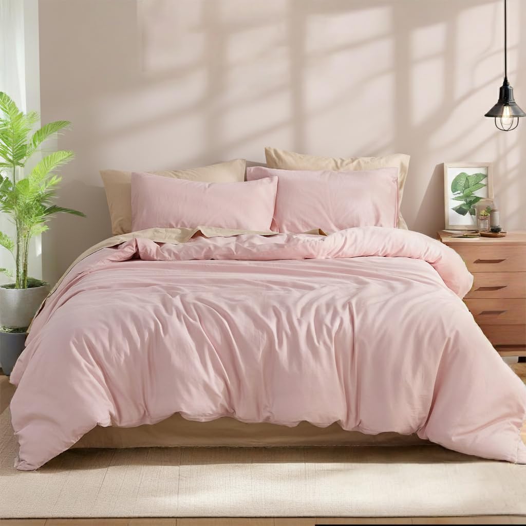 Set copripiumino in 100% cotone, per letto matrimoniale, rosa, consistenza simile al lino, super morbido e traspirante, leggero, 3 pezzi, in percalle resistente, per tutte le stagioni