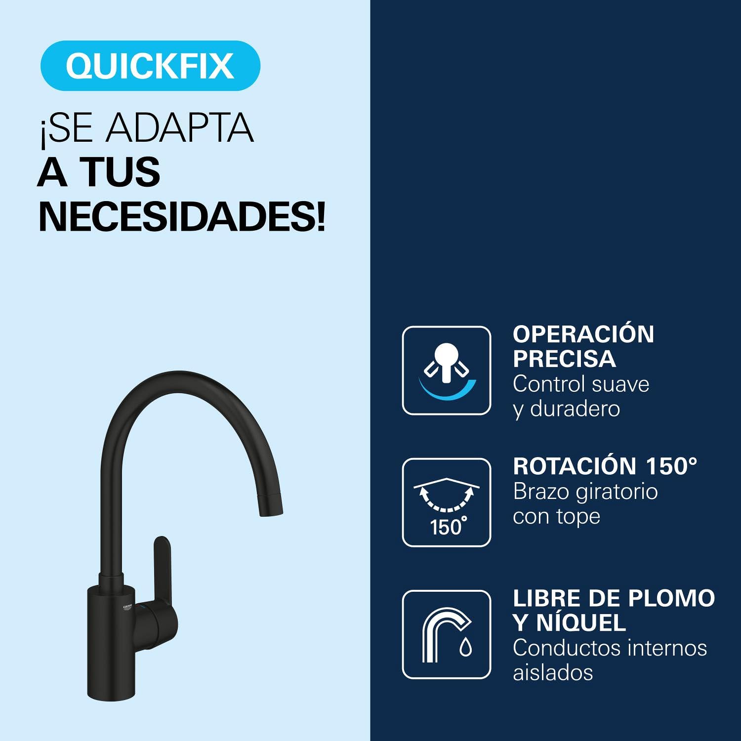 GROHE Get – Grifo de cocina monomando (caño alto en C 353 mm, ángulo de giro ajustable, cartucho cerámico 35 mm, conexiones 3/8", fácil instalación con QuickMount), Negro Mate, 314942431