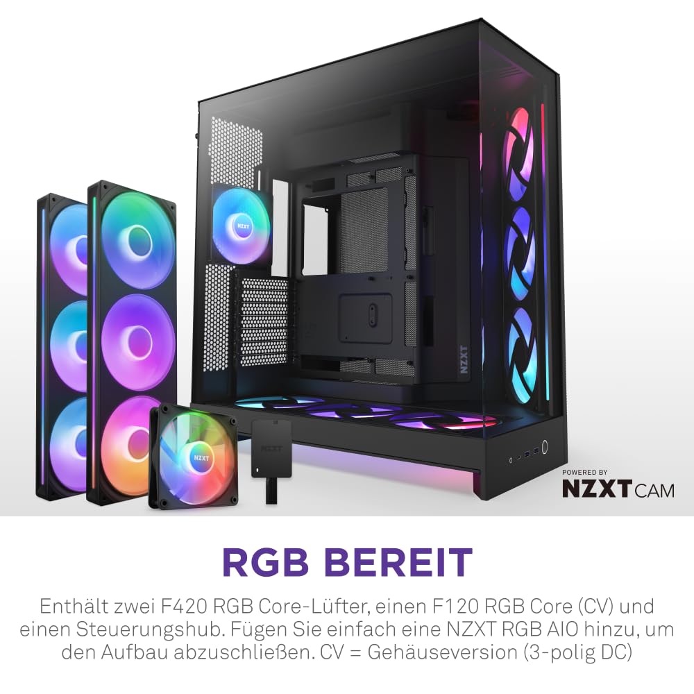 NZXT H9 Flow RGB+ (2025) – Großes Dual-Kammer ATX Mid-Tower Airflow PC-Gehäuse – Enthält 7 RGB-Lüfter (6 x 140mm, 1 x 120mm) und Steuerungshub – 420mm Radiatorunterstützung – Schwarz