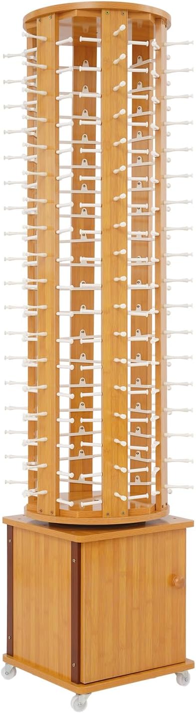 Sunglasses Retail Display Floor-standing Eyeglass Holder, 6-Sided Wood Sunglass Display Rack, 108-Pair Eyewear Holder, 360Rotating, with Storage Cabinet & 4 Swivel Wheels for Retail Exhibition (Brown)