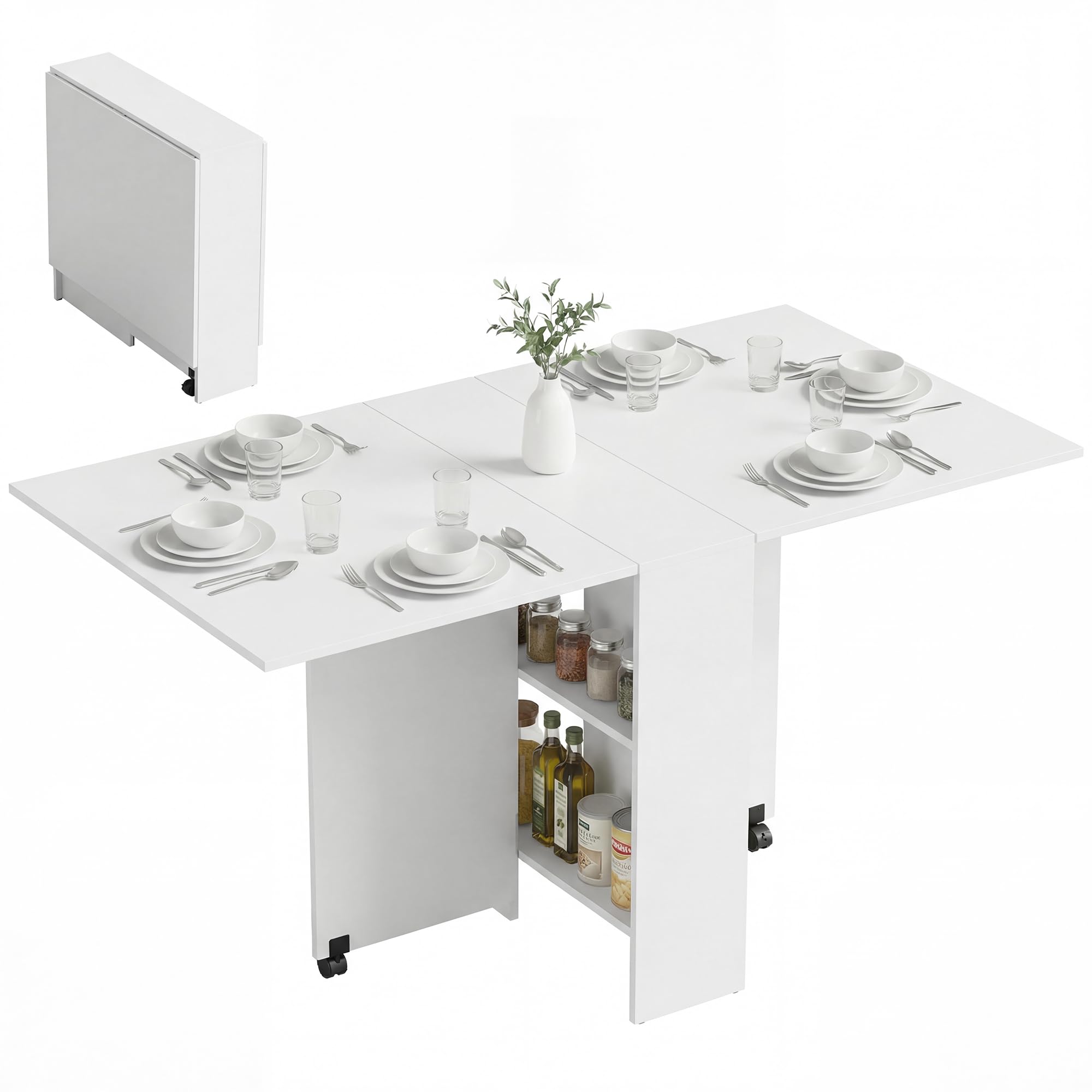 HOMCOM Mesa Plegable de Comedor Mesa de Cocina Plegable con Ruedas Alas Abatibles y Estantes para 4-6 Personas 75x140x74 cm Blanco