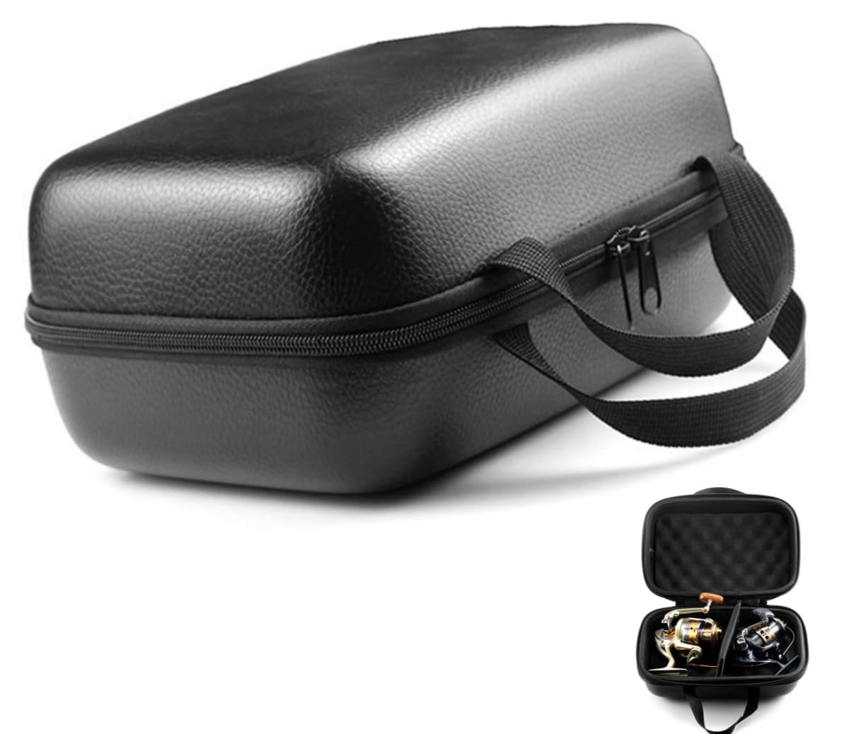 KUNANG Fishing Reel Bag, Portable Waterproof Hard EVA Case for Tackle Storage Spinning Pouch, Black