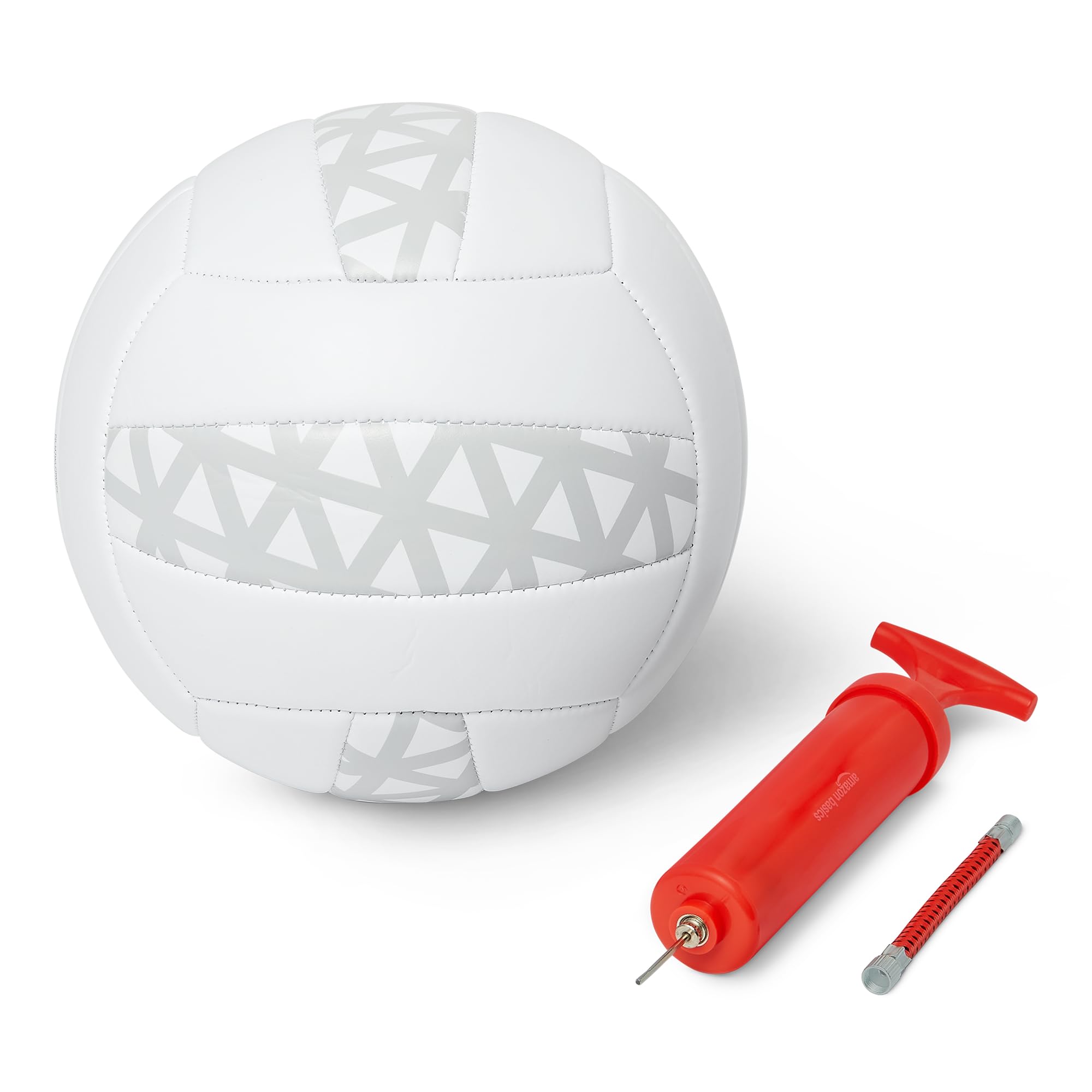 Amazon Basics Volleyball d’Intérieur et d’Extérieur Taille 5 avec Pompe - Ballon d’Entraînement en Cuir PVC avec Coutures Renforcées et Vessie en Butyle, Blanc et Gris