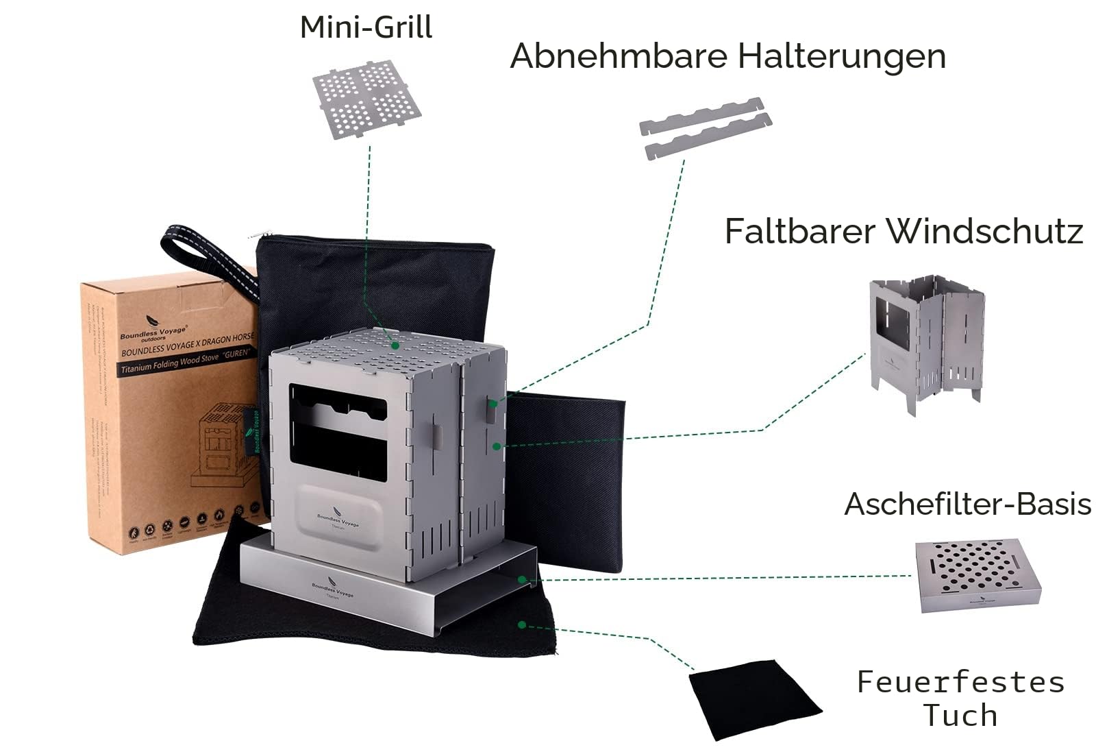 iBasingo Titan Camping Herd Solo Klappbarer Holzofen mit Topf Halterung Outdoor Stove Alkoholheizung Tragbar Backpacking Kartentyp Integrierter Multifuel Ofen Leichtes Grill Kochgeschirr Ti2010C