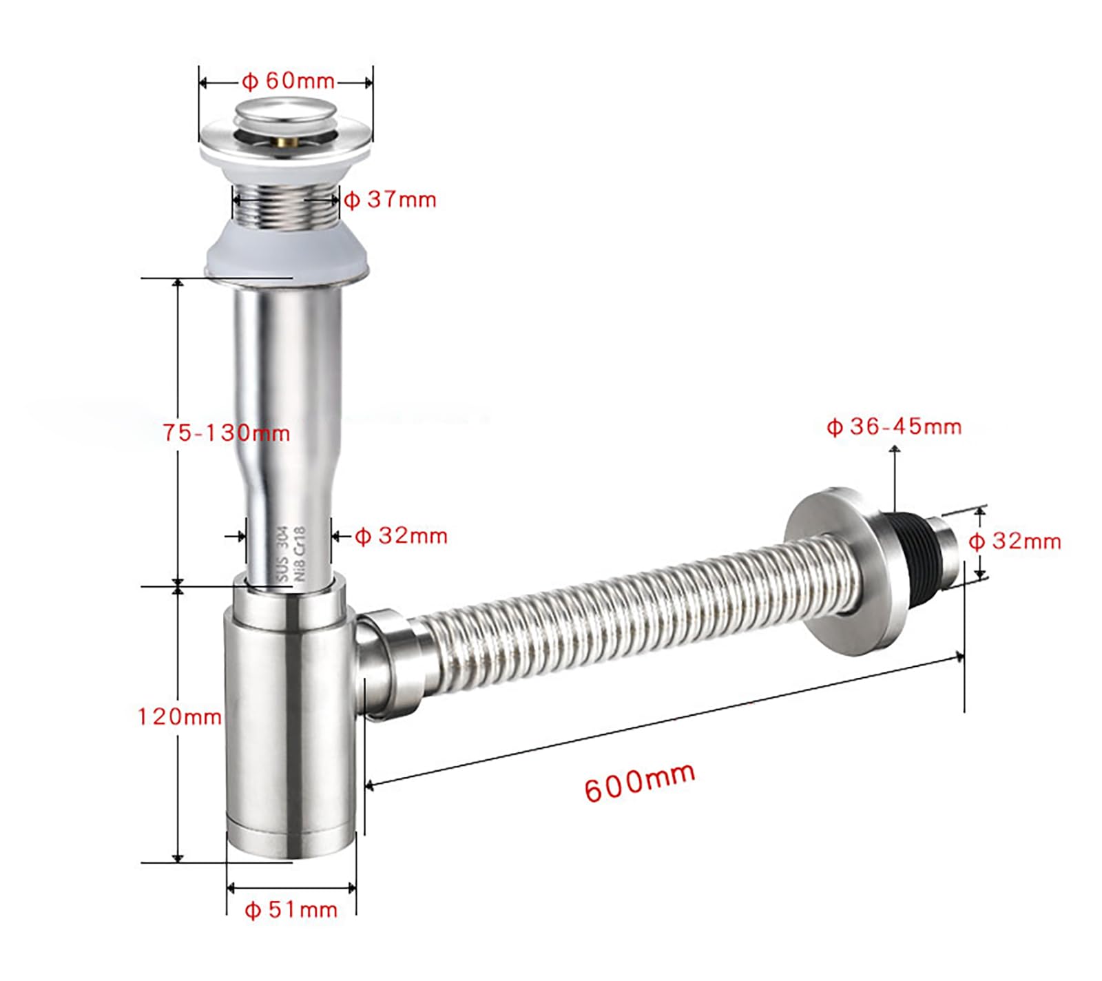 Sifone Lavabo Bagno in Acciaio Inox,Piletta Click Clack,Anti-Odore & Insetti Tubo Scarico Lavandino Flessibile,G 1 1/4"