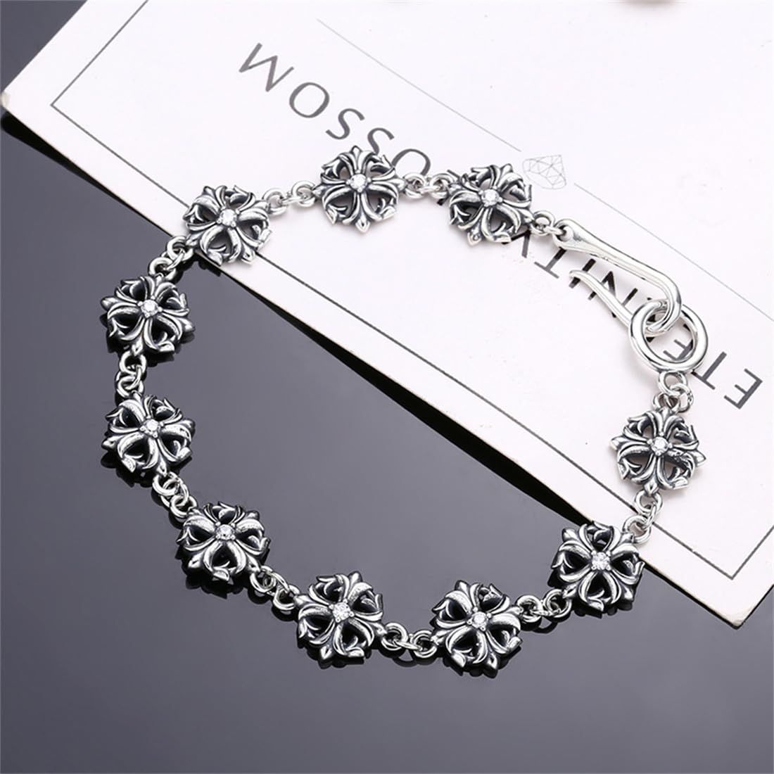 LYGXWJFC Bracciale con Fiori crociati delicati in Argento Sterling S925, Braccialetto con Fiori crociati Vintage Personalizzato da Donna in Argento Sterling S925,Argento,19cm