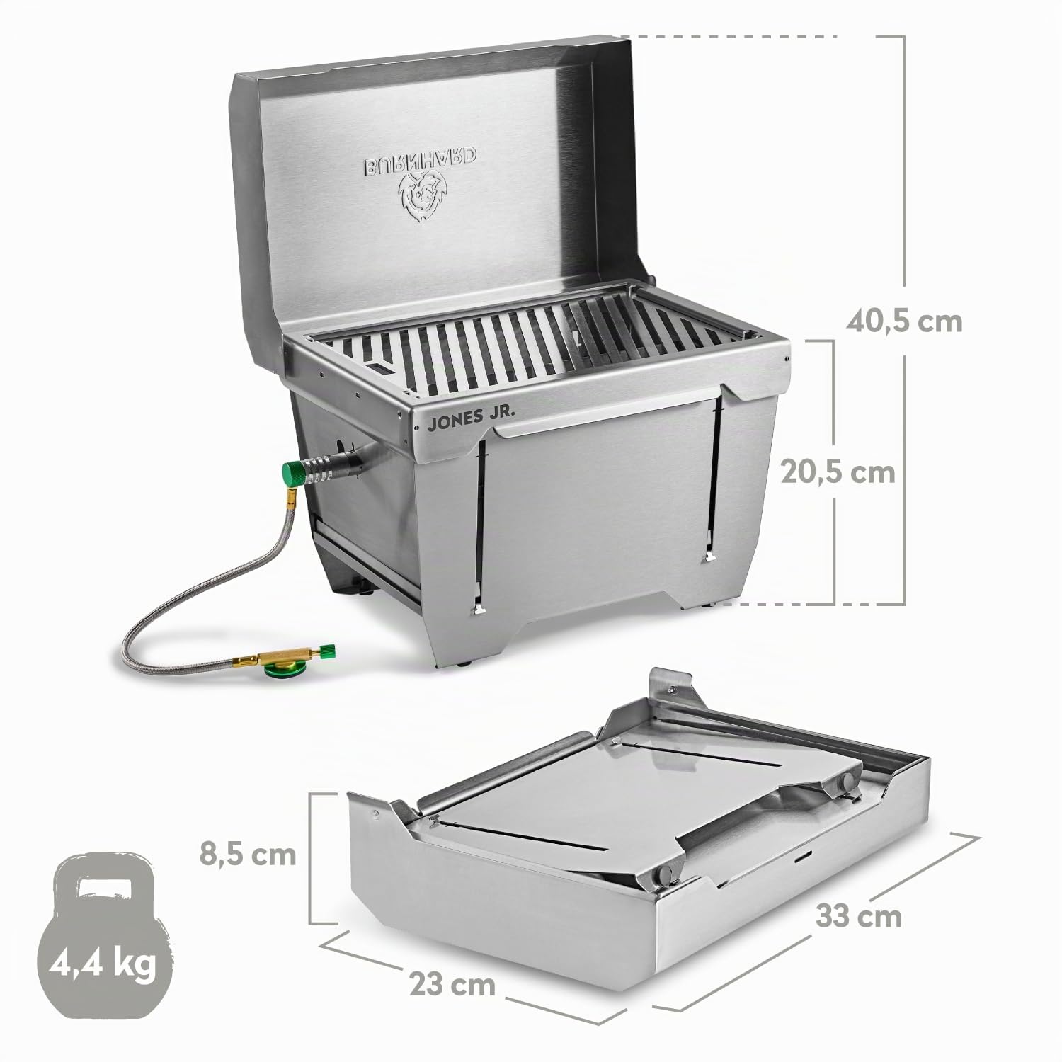 Griglia da campeggio 1-bruciatore BURNHARD® 3,2 kW, 500°C acciaio inox, sistema FitnFire™, ultracompatto, borsa da trasporto, tappetino per griglia – JONES Jr.