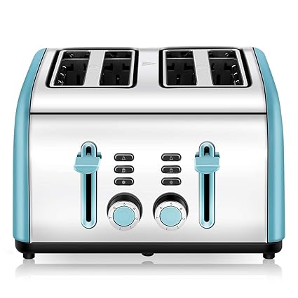 Chitomax 4 Wide Slots 4-Slice Stainless Steel Toasters with Reheat Defrost Cancel Function, 7-Shade Setting, Blue