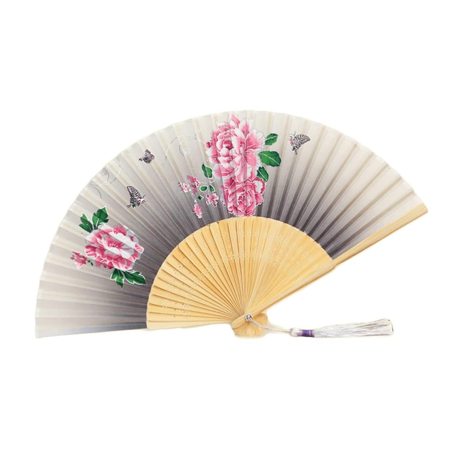 WDCDYQDH Folding Fans Tradition Beautiful Hand Fan Handheld With Tassel Delicate Floral Patterned Decoration(peach) (gray White One Size)