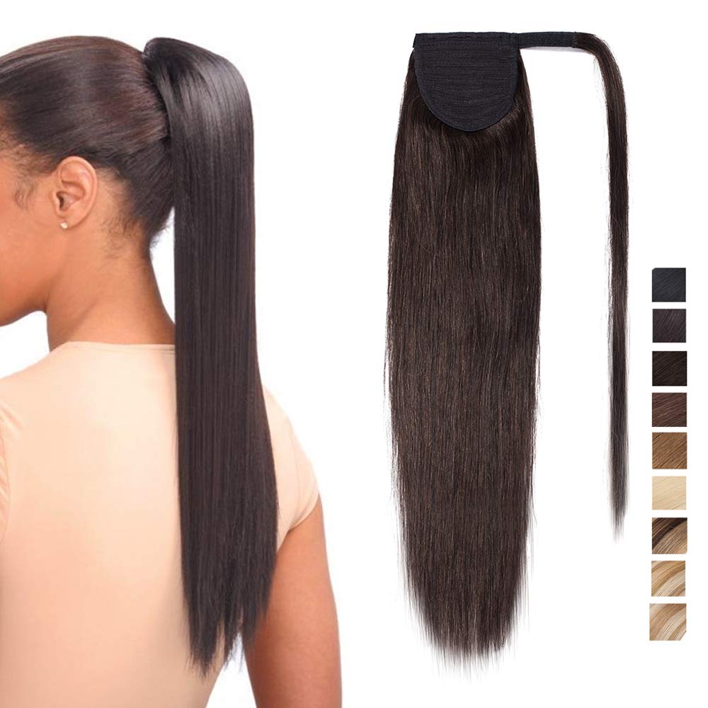 SEGO Pferdeschwanz Haarteil Zopf extensions Ponytail Haarverlängerung clip in Pony Echthaar remy Dunkelbraun 18"(45cm)-90g