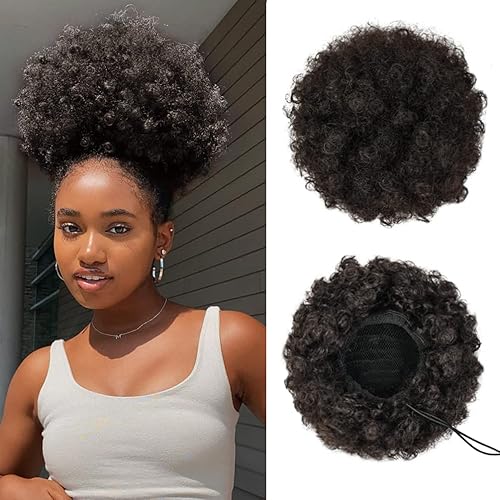 Cola de caballo afro con cordón para mujeres negras, cola de caballo afro rizada corta afro coleta de pelo sintético, moño afro marrón de alta