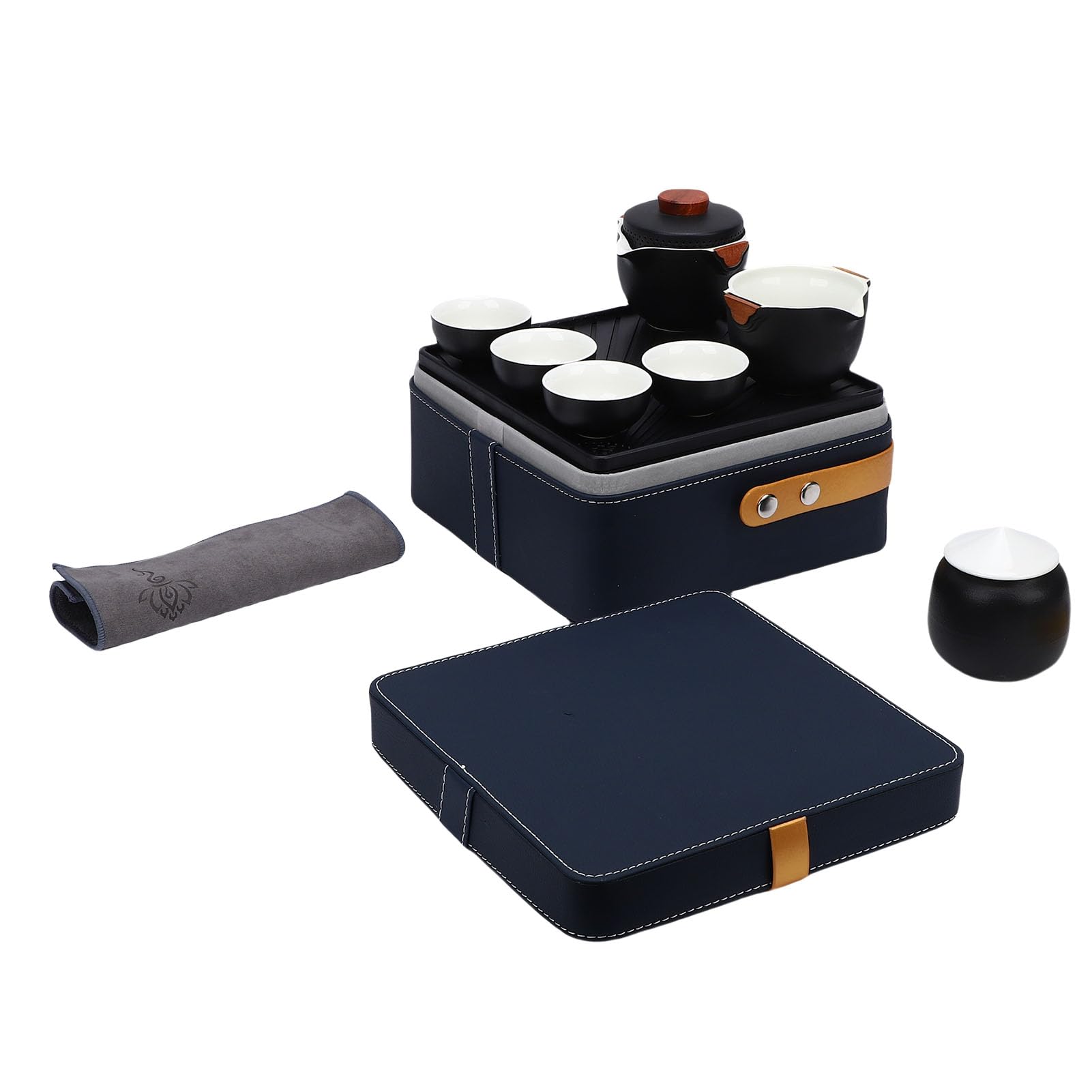Keramik-Kungfu-Teeset, tragbares Reise-Teekannen-Tassen-Set mit Aufbewahrungstasche, Teetablett, faires Tassenreinigungstuch für Büro, Zuhause, Picknick, Geschäftsreise, Schwarz,